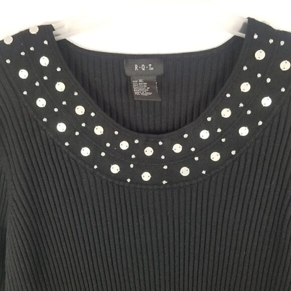 R-Q-T RIBBED BLACK KNIT SWEATER W/ BEADS. SZ XL - Picture 8 of 11